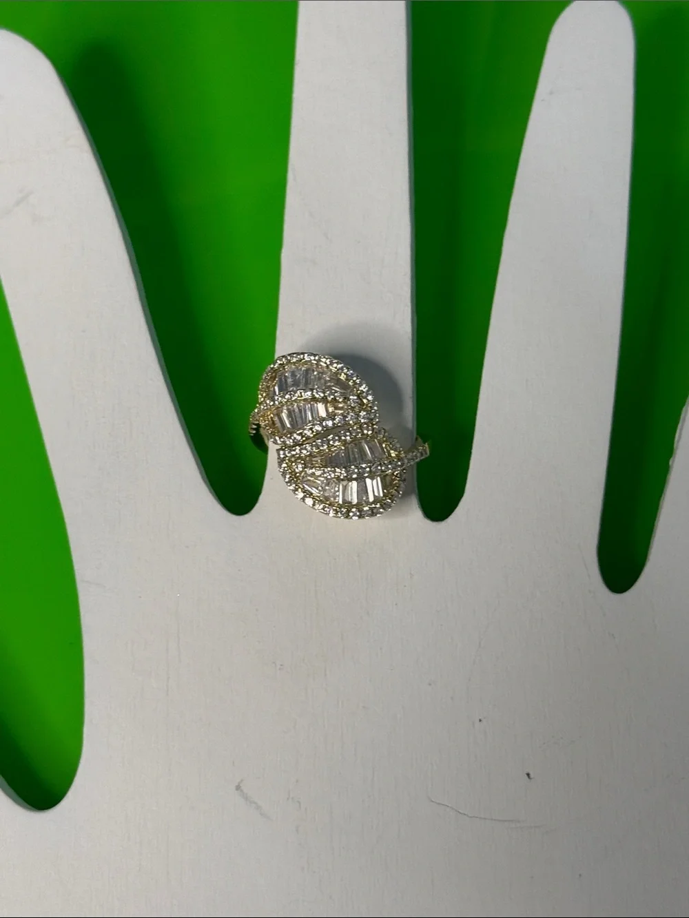 Stamped .925 Sterling Silver with Gold Vermeil Leaf Ring with Baguettes CZ